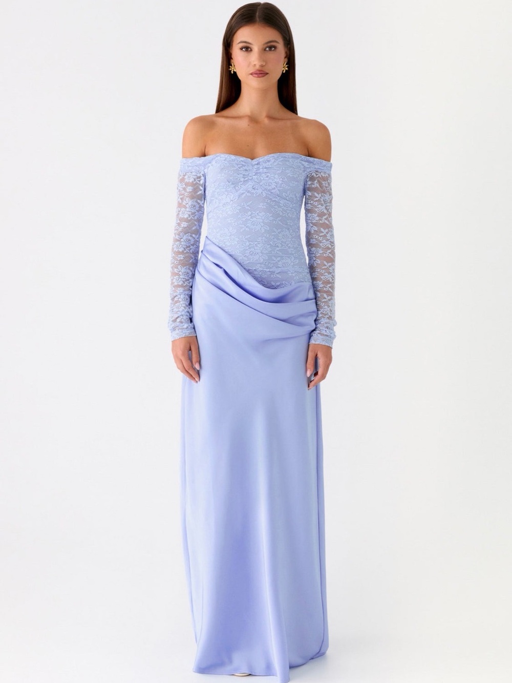 NWT Peppermayo Off-Shoulder Lace Long Sleeve Satin Maxi Dress in Light Blue 6 - Picture 2 of 4